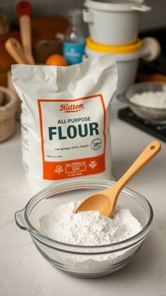 A bag of all-purpose flour with measuring cup and wooden spoon on a kitchen countertop.